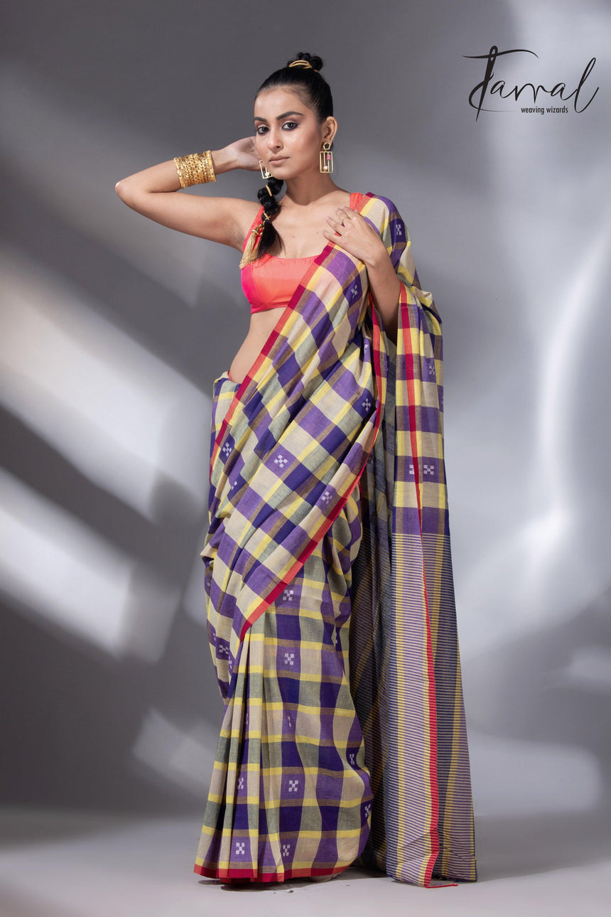 Purple with yellow & red pure cotton handwoven jamdani saree