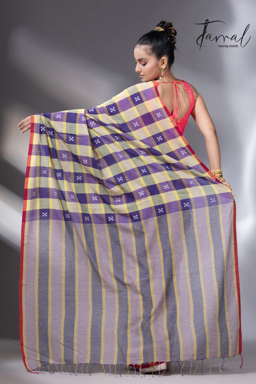 Purple with yellow & red pure cotton handwoven jamdani saree