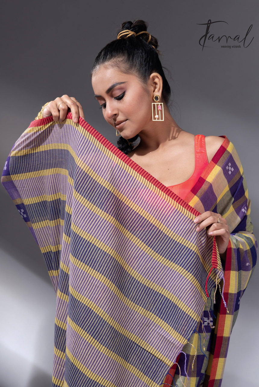 Purple with yellow & red pure cotton handwoven jamdani saree