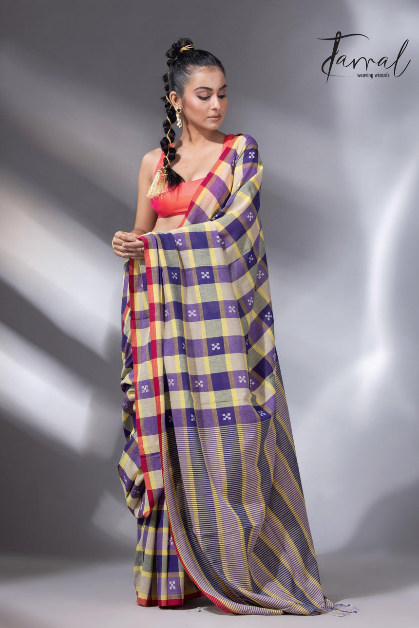 Purple with yellow & red pure cotton handwoven jamdani saree