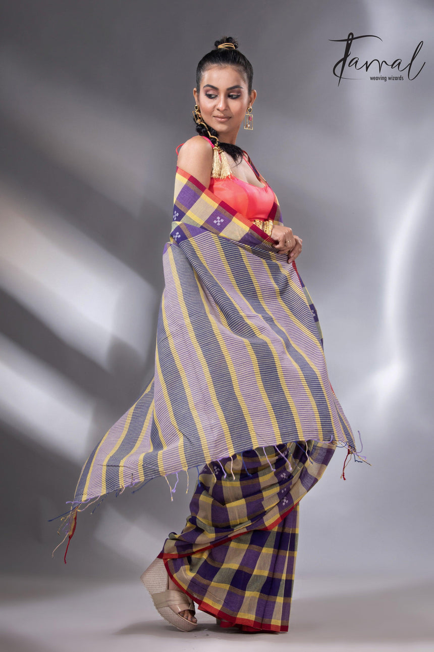 Purple with yellow & red pure cotton handwoven jamdani saree