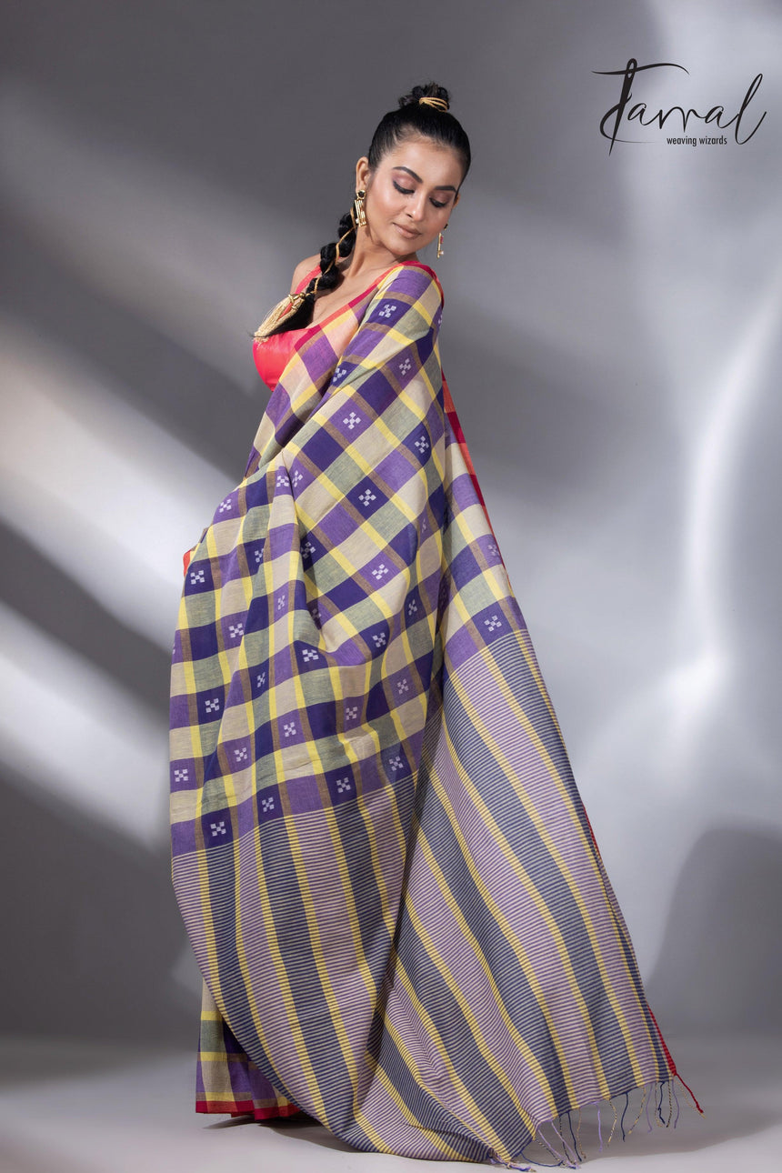 Purple with yellow & red pure cotton handwoven jamdani saree