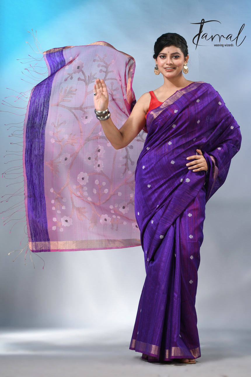 Purple with zari border matka silk handwoven jamdani saree