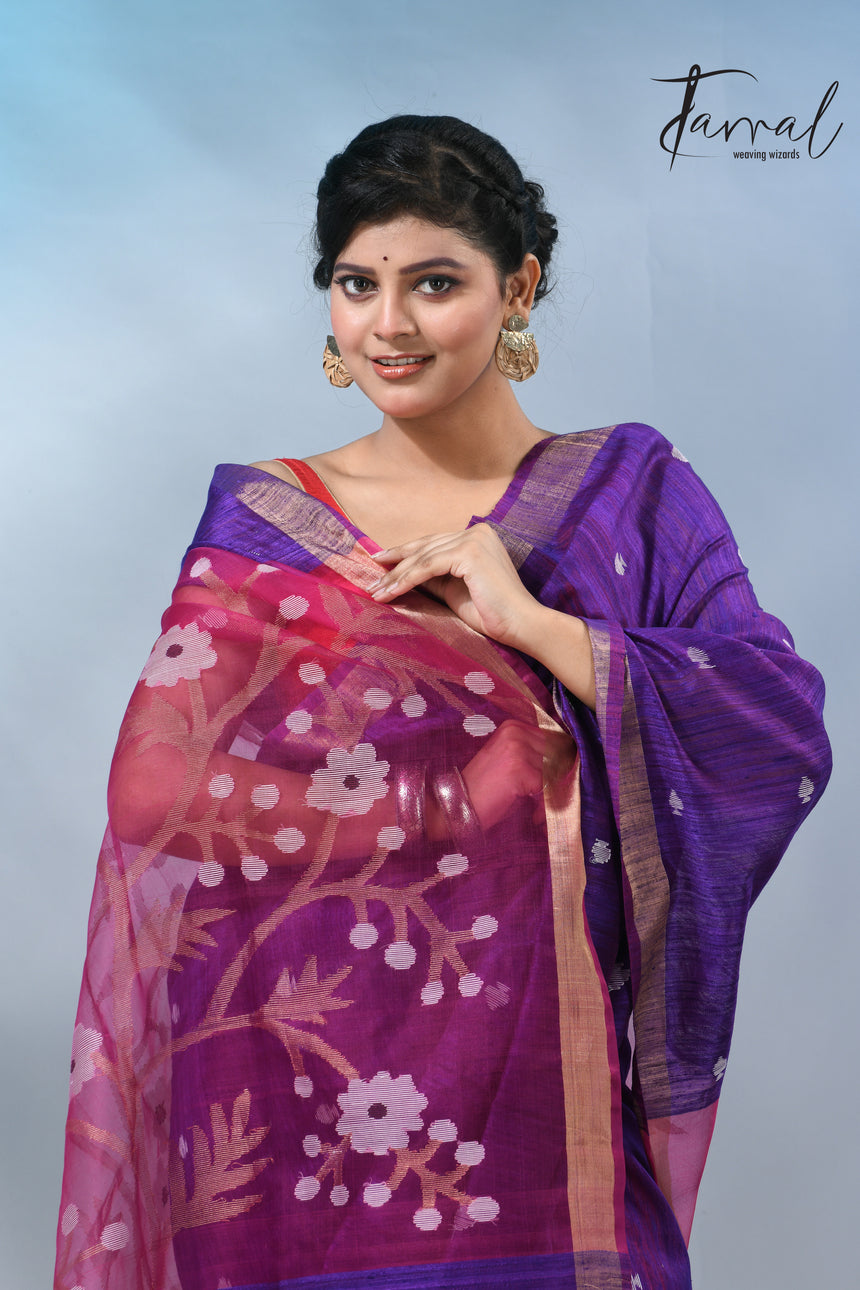 Purple with zari border matka silk handwoven jamdani saree