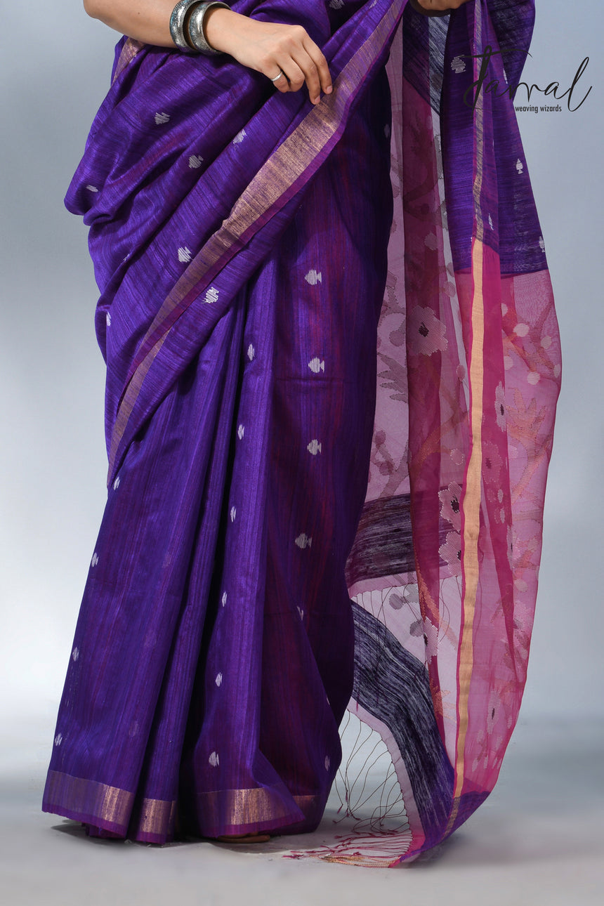 Purple with zari border matka silk handwoven jamdani saree