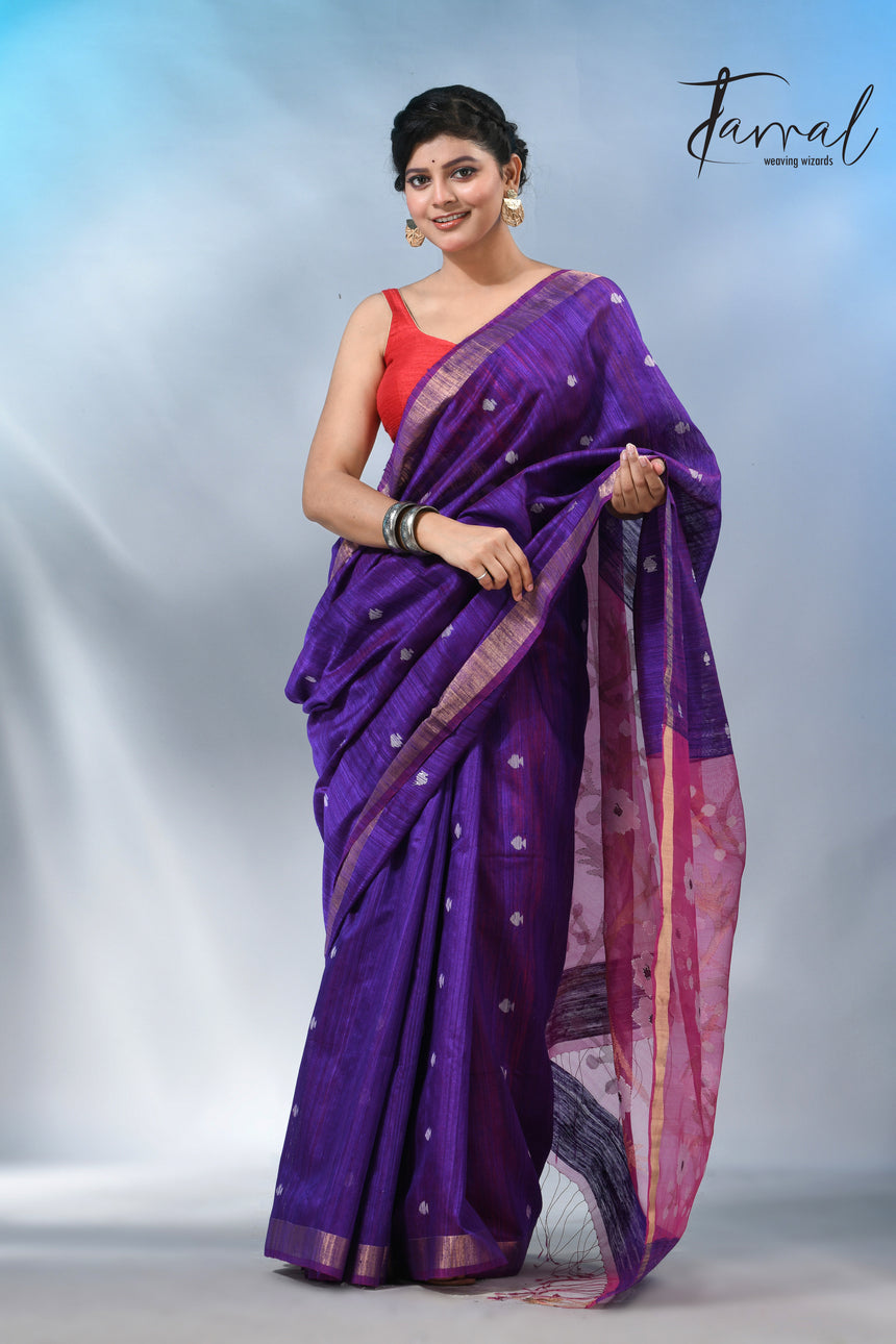 Purple with zari border matka silk handwoven jamdani saree