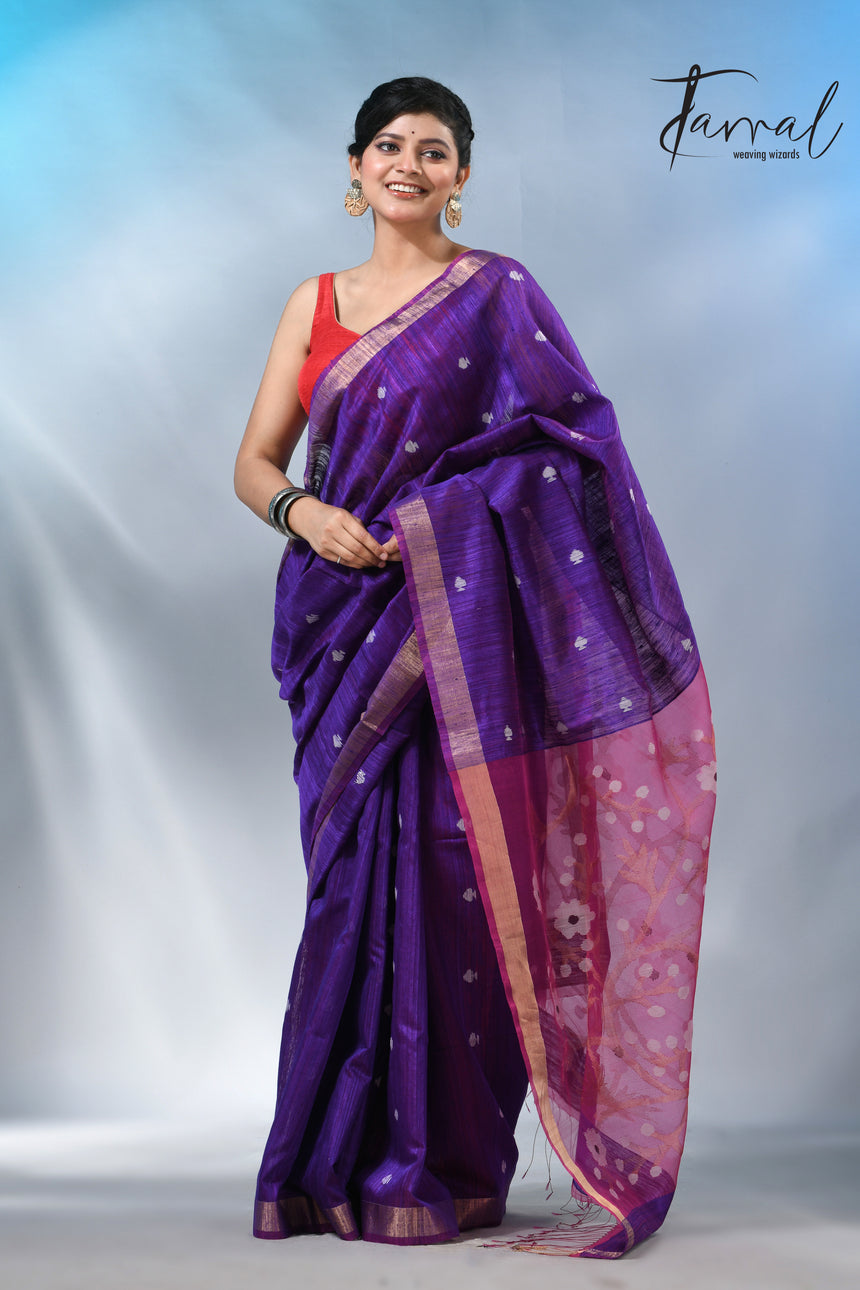 Purple with zari border matka silk handwoven jamdani saree
