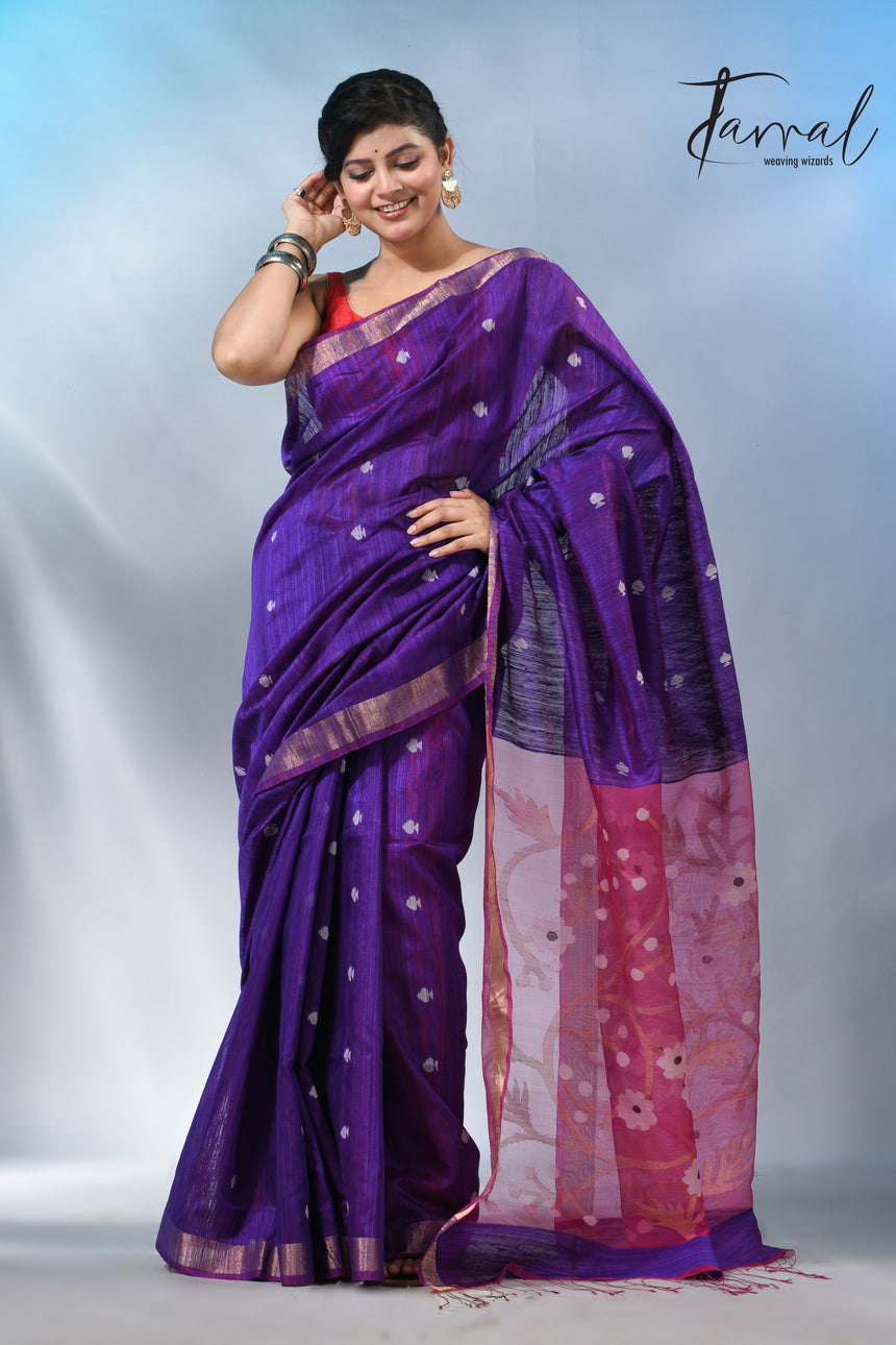 Purple with zari border matka silk handwoven jamdani saree