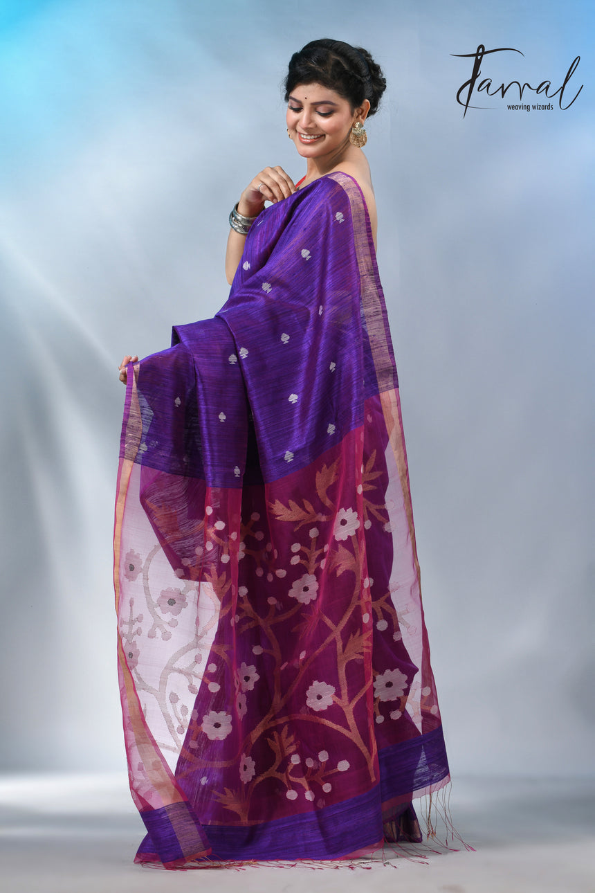Purple with zari border matka silk handwoven jamdani saree