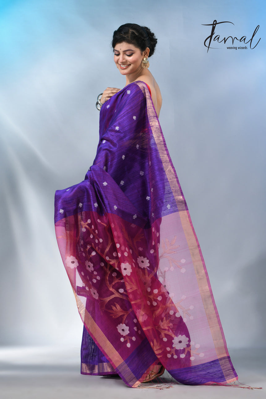 Purple with zari border matka silk handwoven jamdani saree