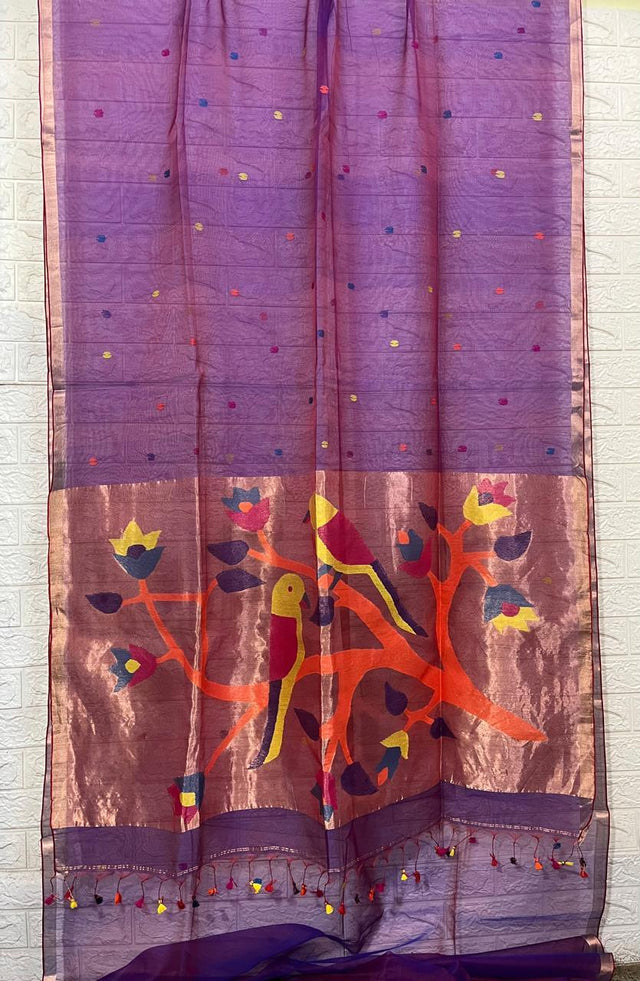 Purple colour with zari border love bird pure organza silk paithani handwoven jamdani saree - Tamal Boutique