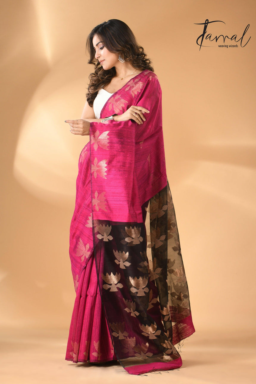 Rani_Pink_Jamdani_Matka_Silk_Saree_Left