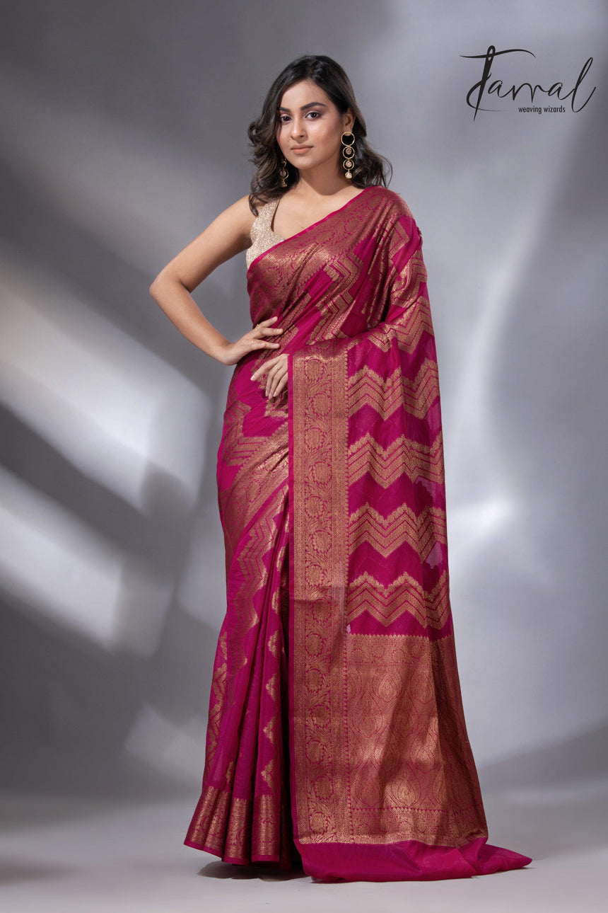 Rani colour with antic zari Banarasi silk handloom saree - Tamal Boutique