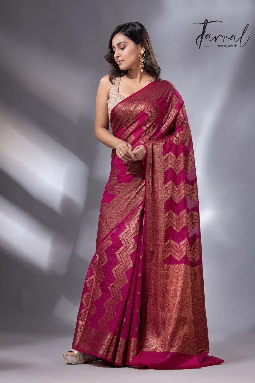 Rani colour with antic zari Banarasi silk handloom saree - Tamal Boutique