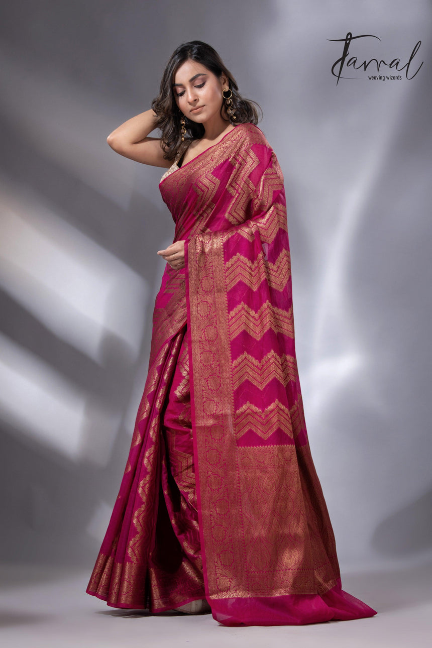Rani colour with antic zari Banarasi silk handloom saree - Tamal Boutique