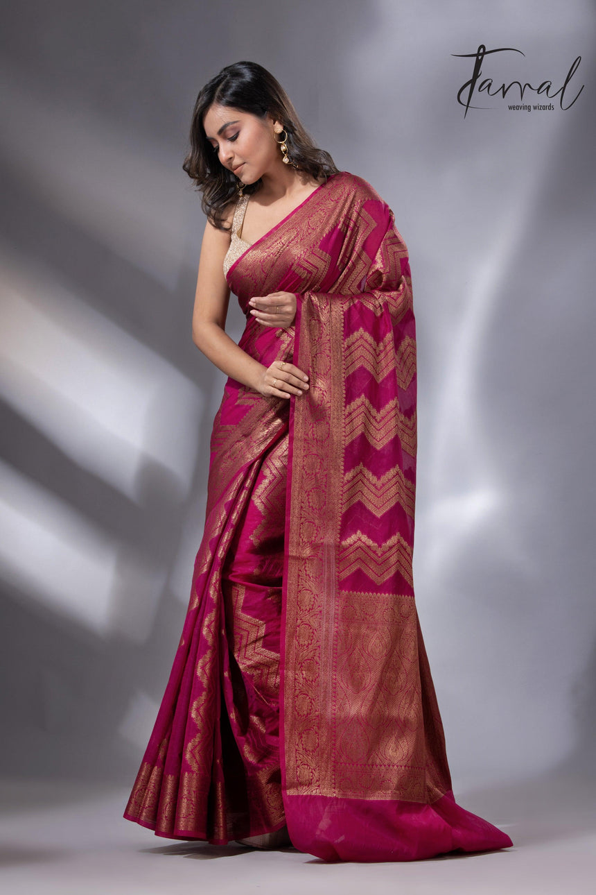 Rani colour with antic zari Banarasi silk handloom saree - Tamal Boutique