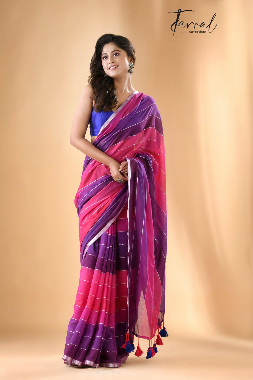 Rani & purple colour with zari border pure mul cotton saree