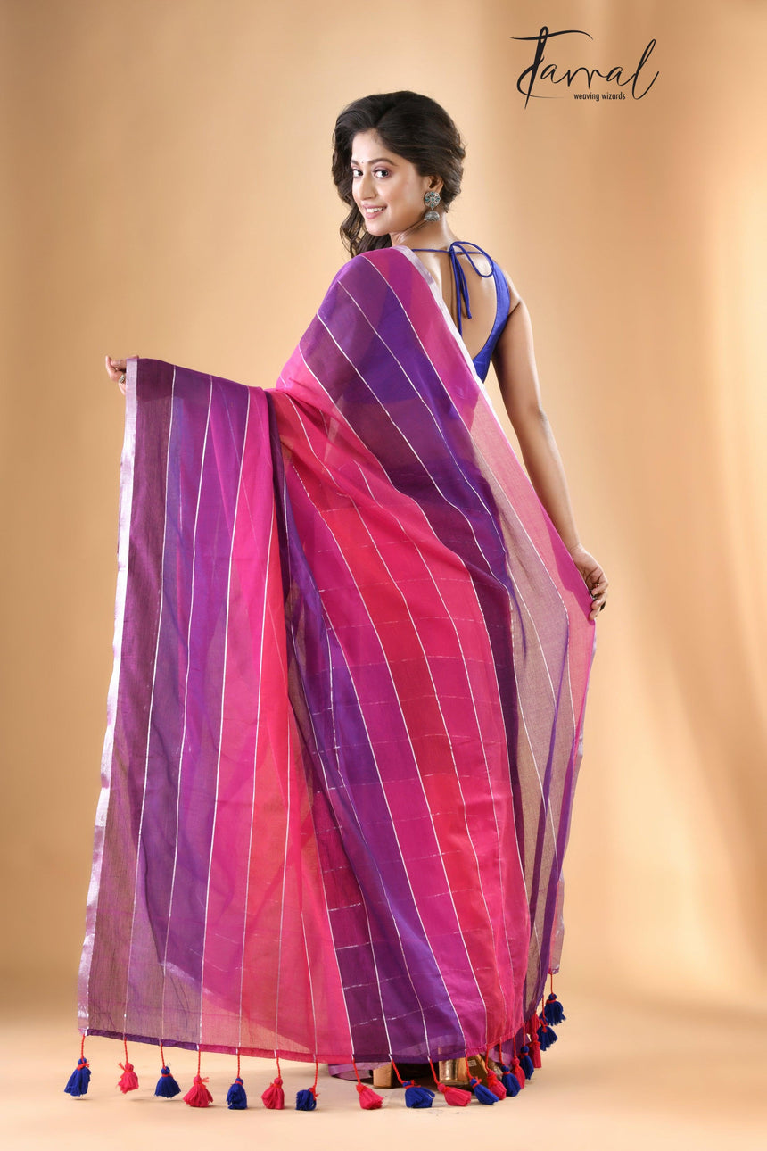 Rani & purple colour with zari border pure mul cotton saree