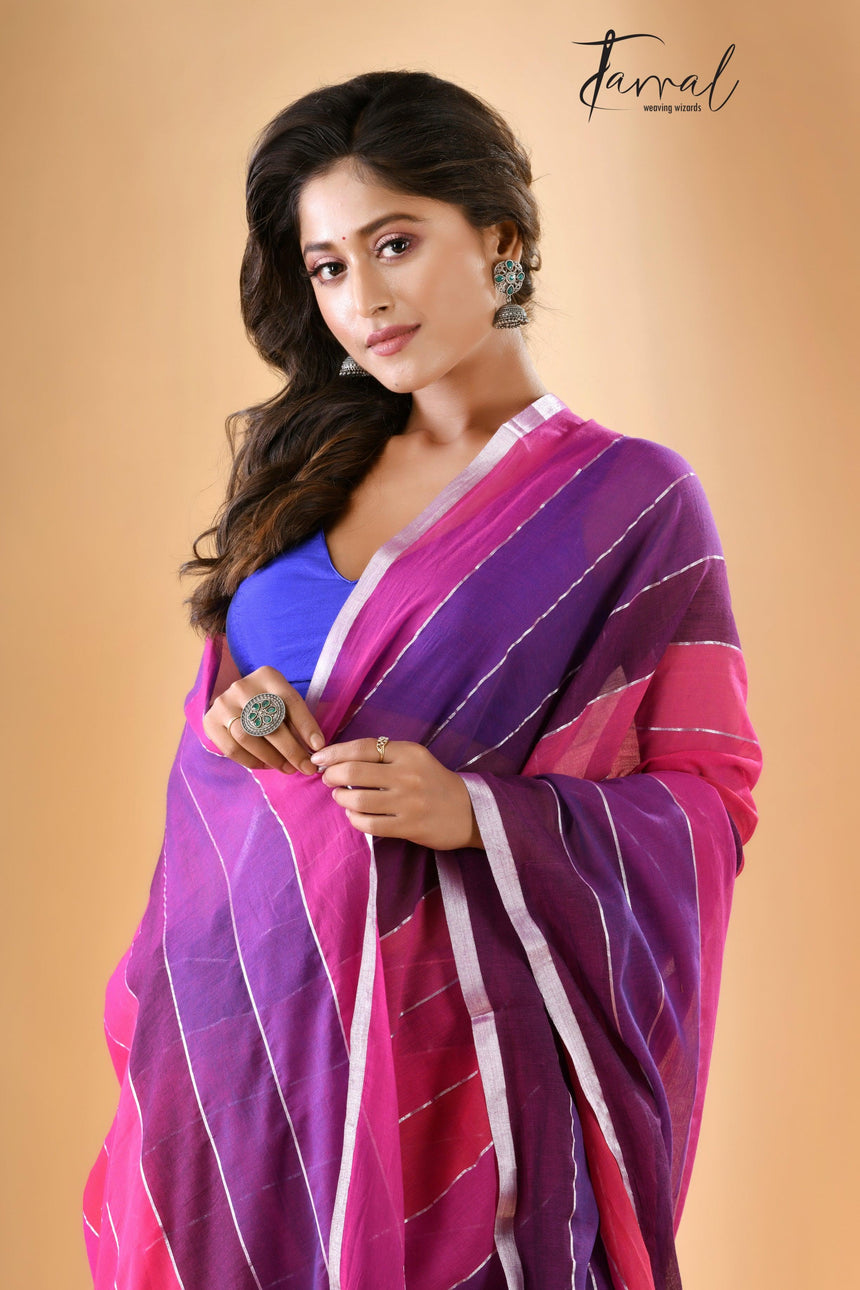 Rani & purple colour with zari border pure mul cotton saree