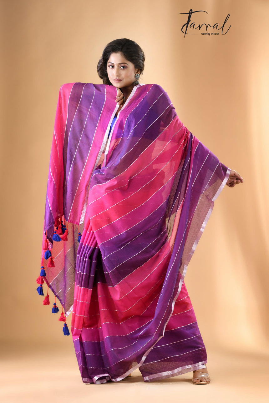 Rani & purple colour with zari border pure mul cotton saree