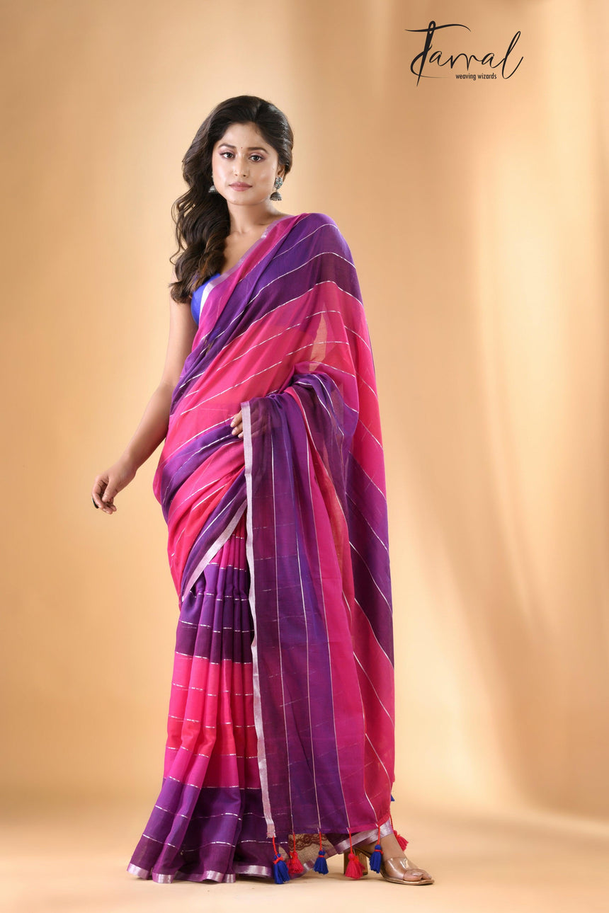 Rani & purple colour with zari border pure mul cotton saree