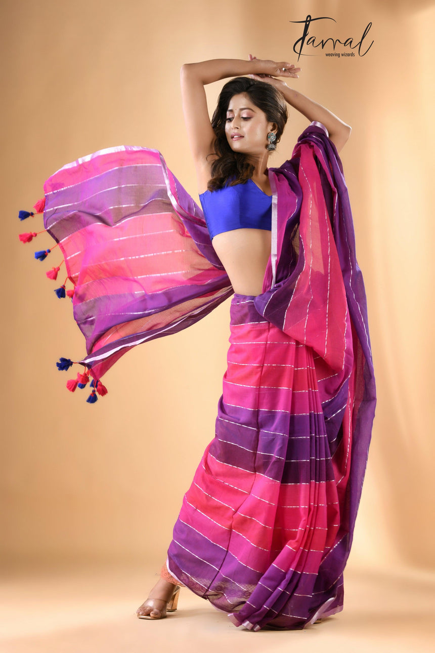 Rani & purple colour with zari border pure mul cotton saree
