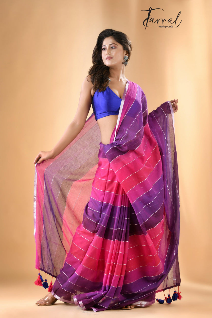 Rani & purple colour with zari border pure mul cotton saree
