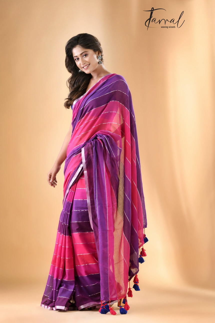 Rani & purple colour with zari border pure mul cotton saree