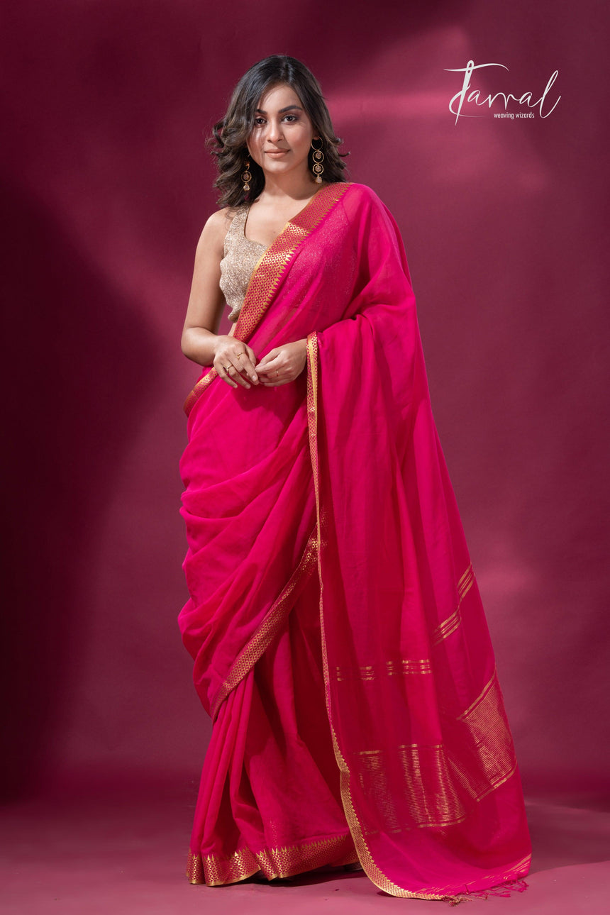 Rani with golden zari border pure mul cotton handloom saree