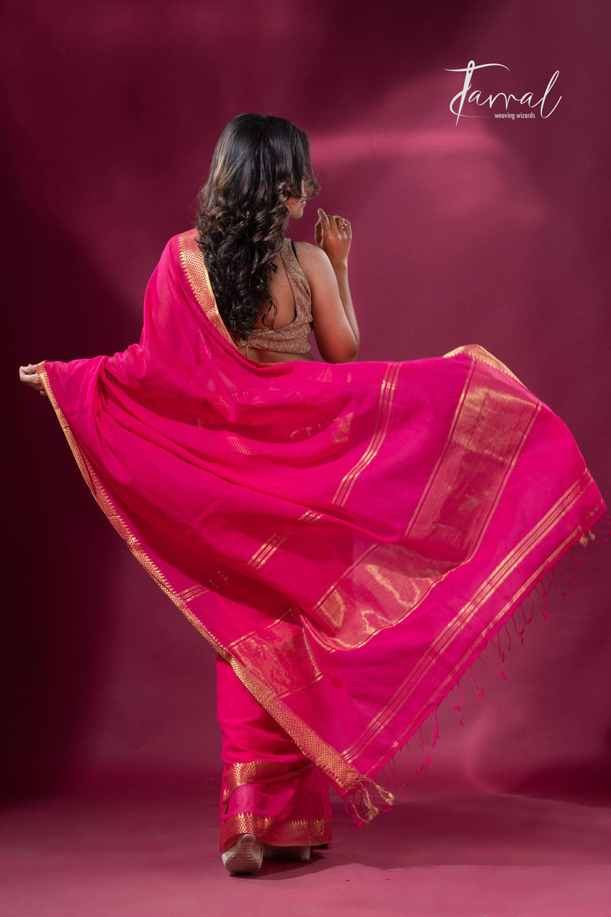 Rani with golden zari border pure mul cotton handloom saree