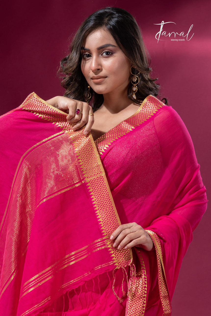 Rani with golden zari border pure mul cotton handloom saree