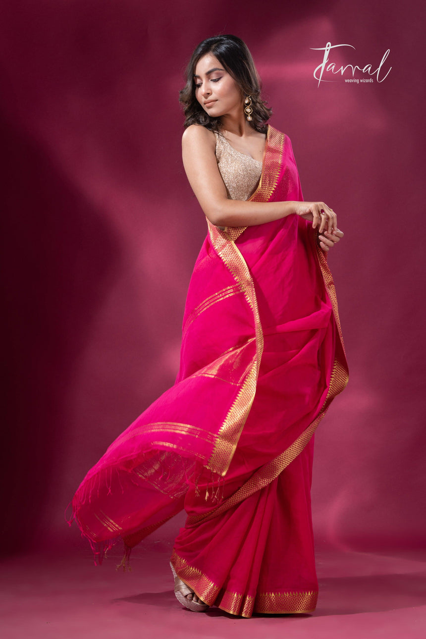 Rani with golden zari border pure mul cotton handloom saree