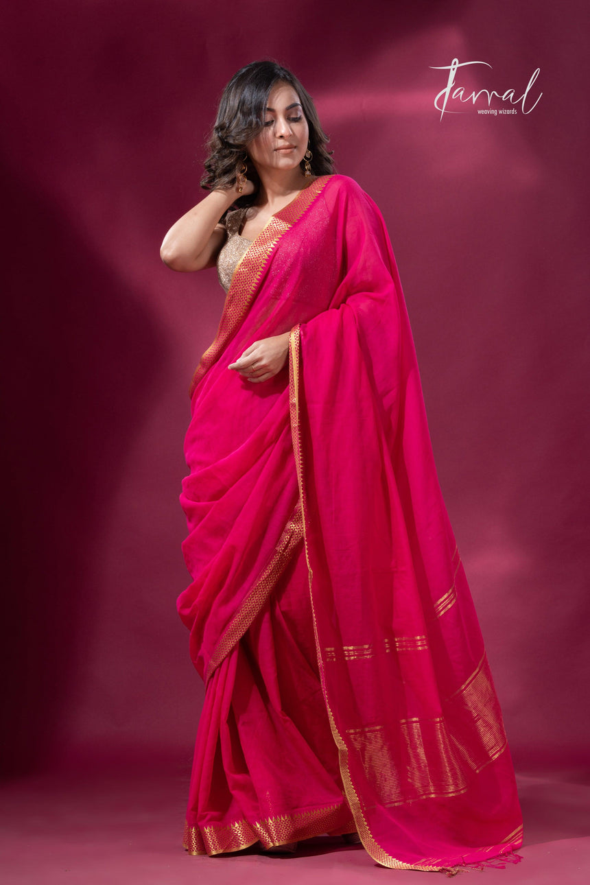Rani with golden zari border pure mul cotton handloom saree