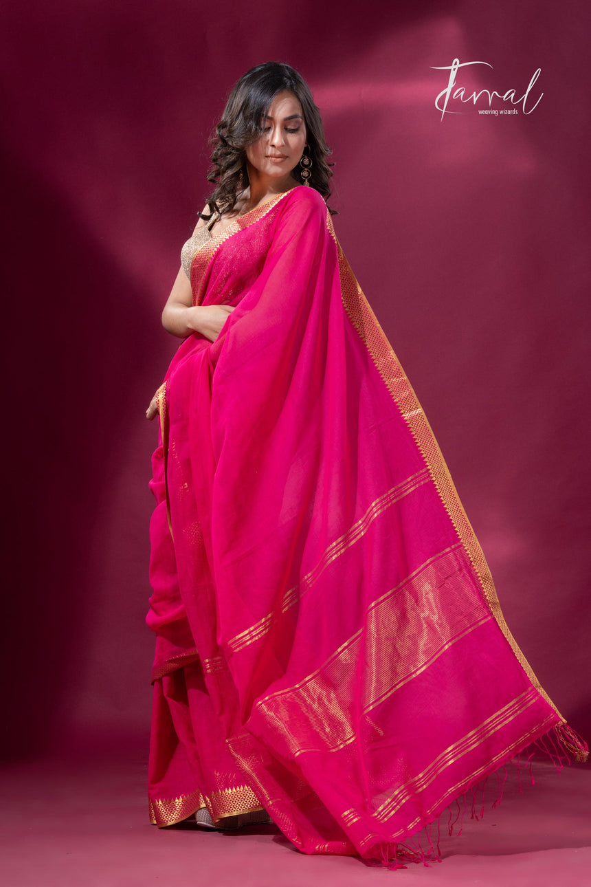Rani with golden zari border pure mul cotton handloom saree
