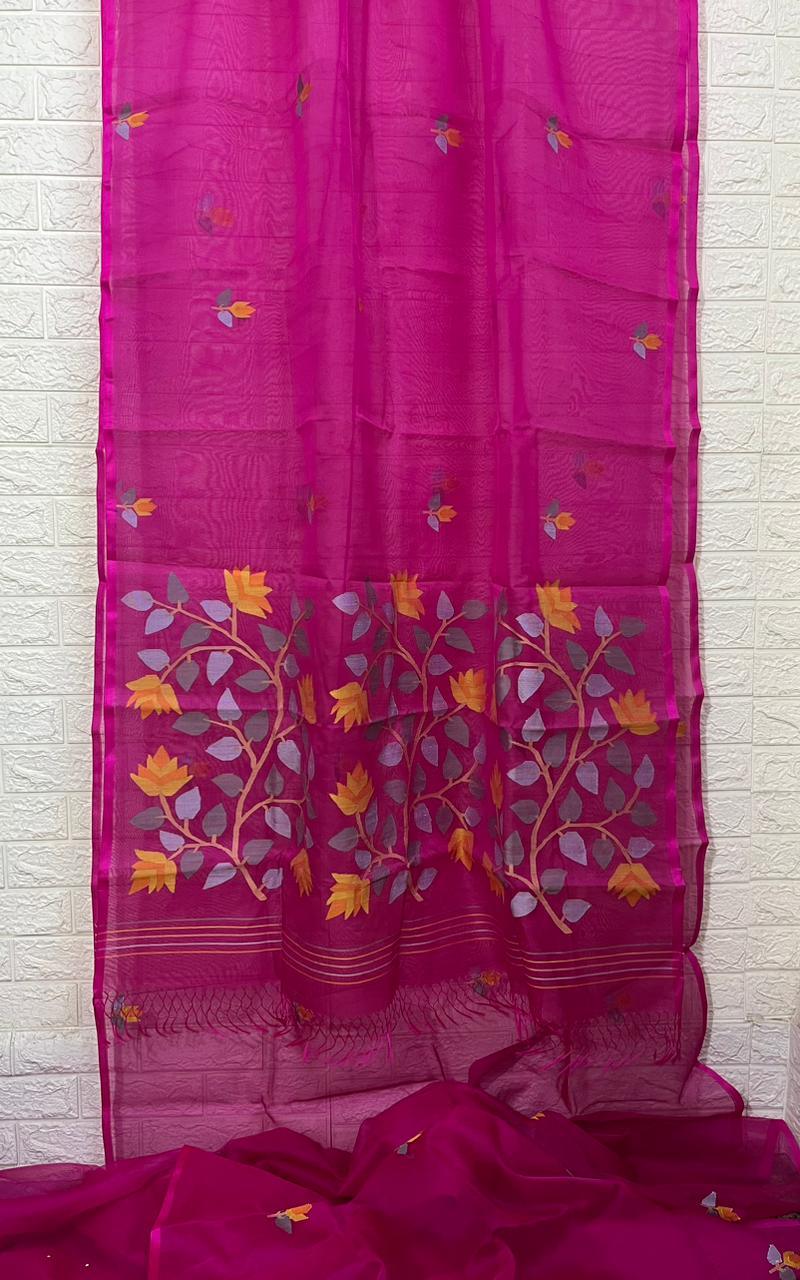 Rani with multi colour flora handwoven muslin silk jamdani saree - Tamal Boutique
