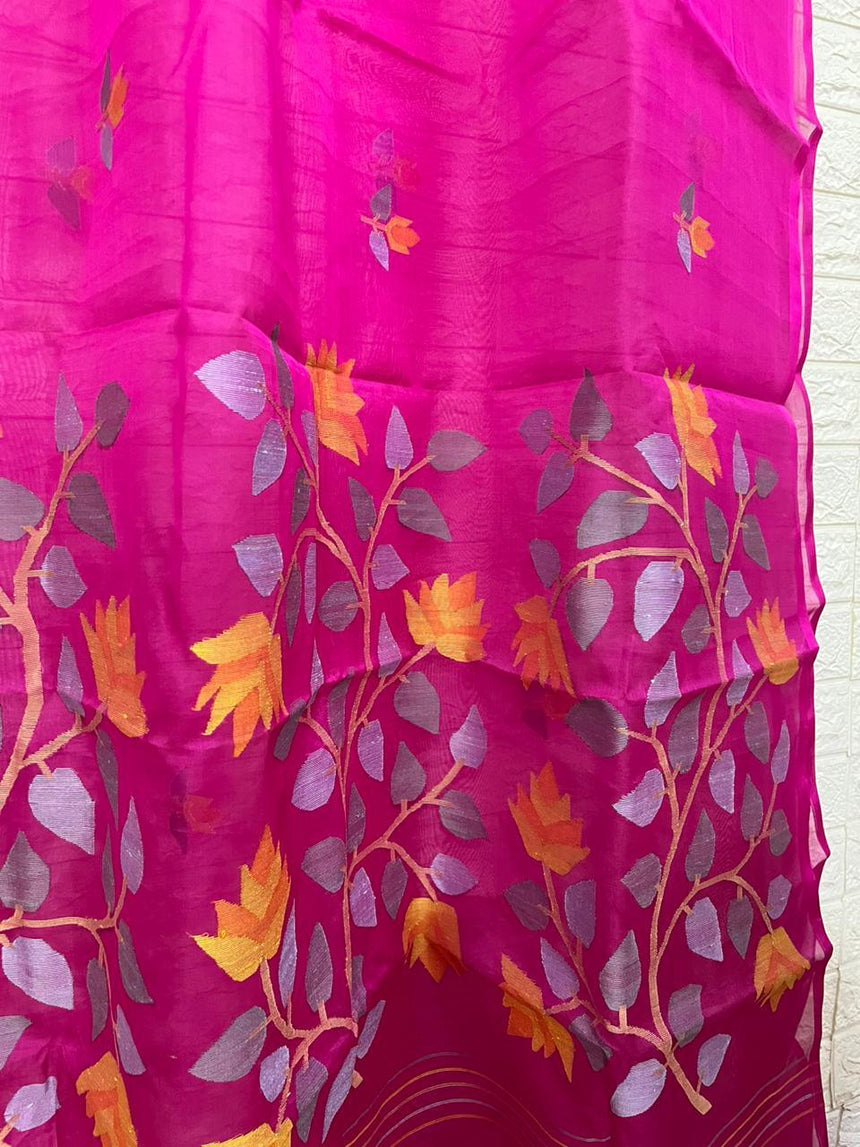 Rani with multi colour flora handwoven muslin silk jamdani saree - Tamal Boutique