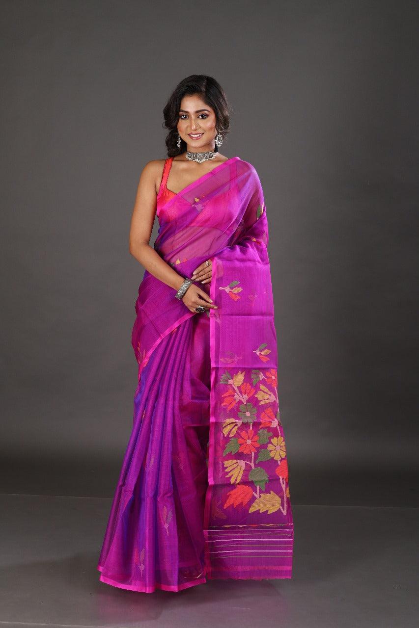 Rani with blue dual tone colour floral buta muslin silk handwoven jamadani saree - Tamal Boutique