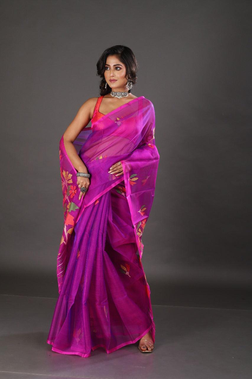 Rani with blue dual tone colour floral buta muslin silk handwoven jamadani saree - Tamal Boutique