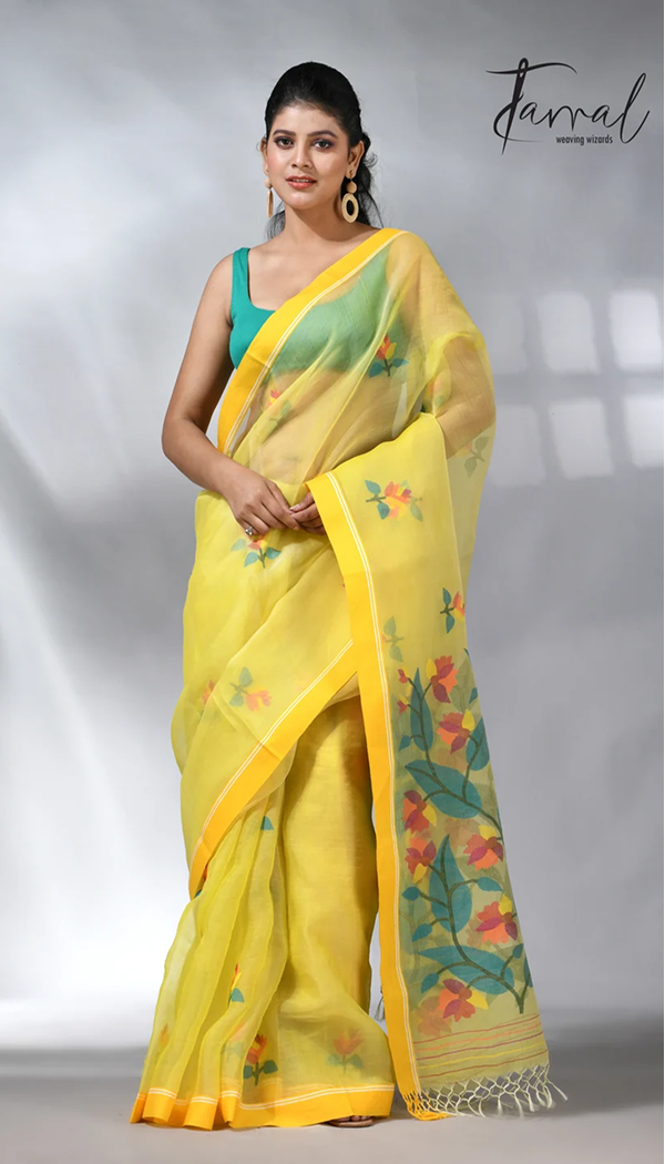 Yellow colour muslin silk floral handwoven jamdani saree