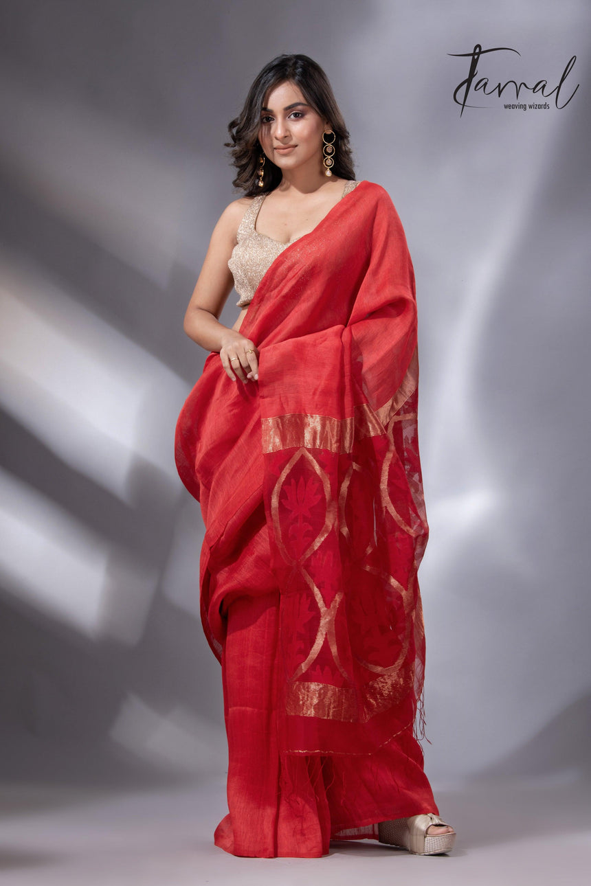 Red Lotus Elegance pallu silk linen handwoven jamdani saree1