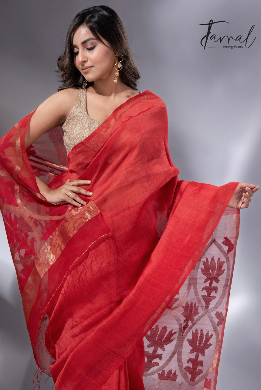 Red Lotus Elegance pallu silk linen handwoven jamdani saree2