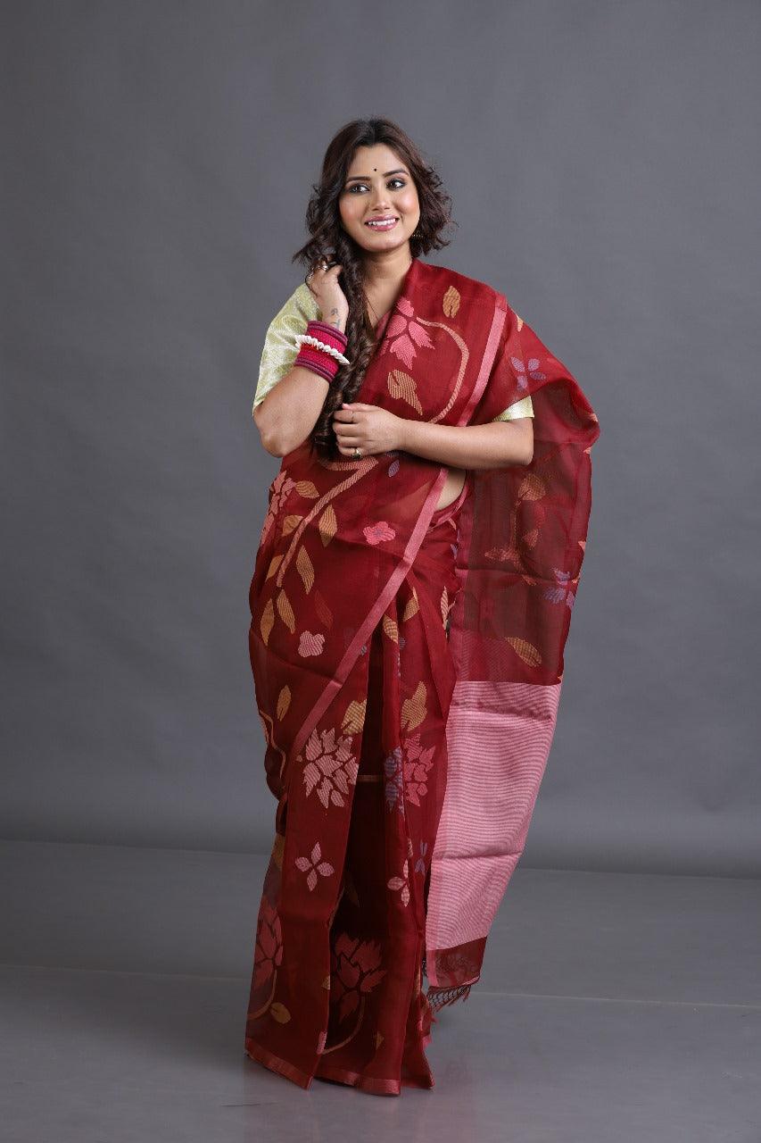 Red Wine with multicolour allover floral Muslin silk handwoven jamdani saree - Tamal Boutique