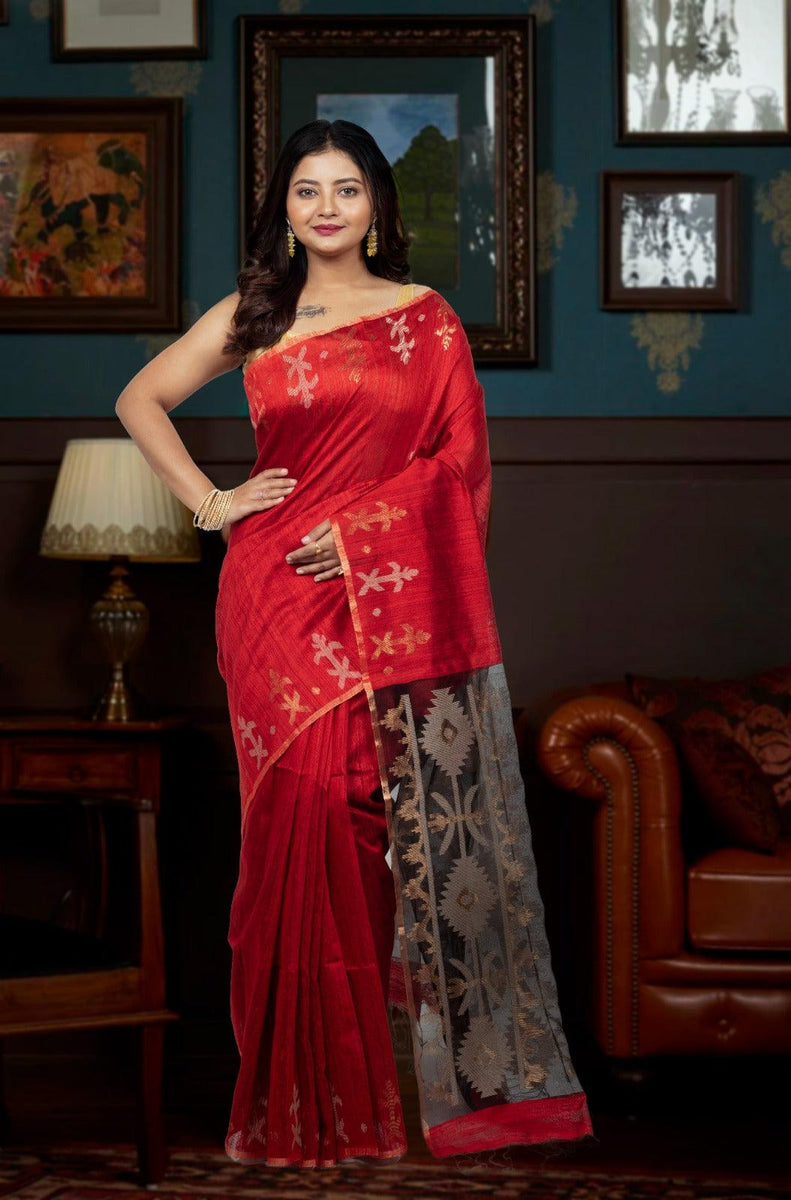 Red - Silk Cotton Dhakai Jamdani Saree  05