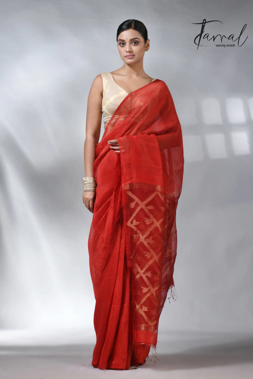 Red colour box pallu in silk linen handwoven jamdani sarees