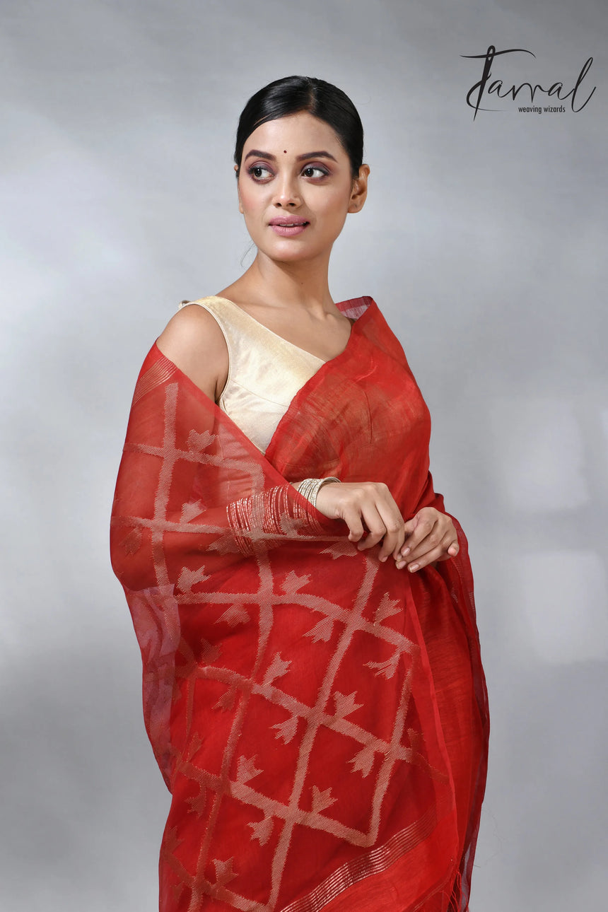 Red colour box pallu in silk linen handwoven jamdani sarees