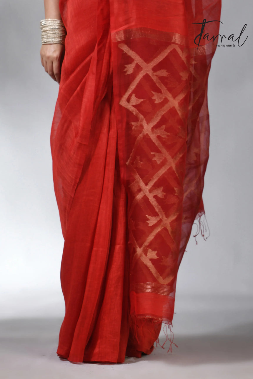 Red colour box pallu in silk linen handwoven jamdani sarees
