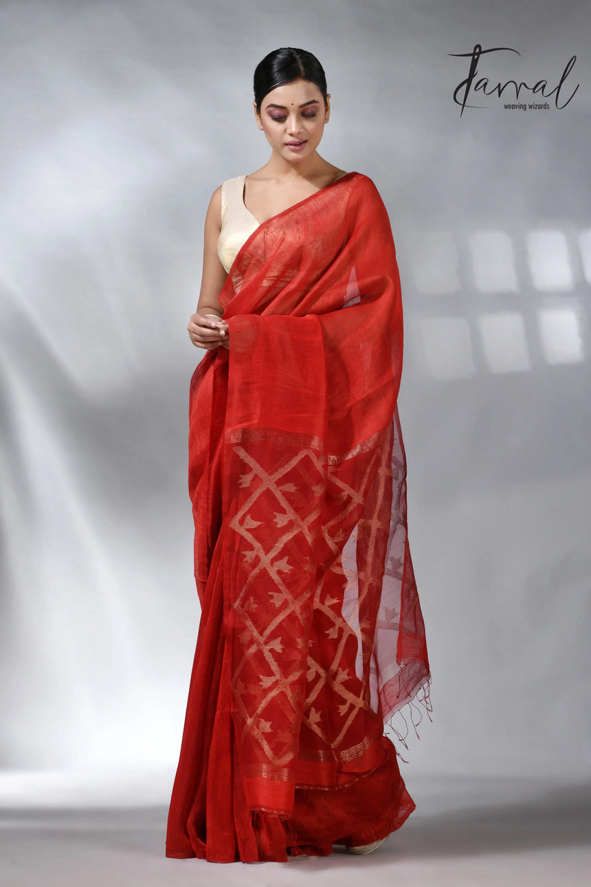Red colour box pallu in silk linen handwoven jamdani sarees