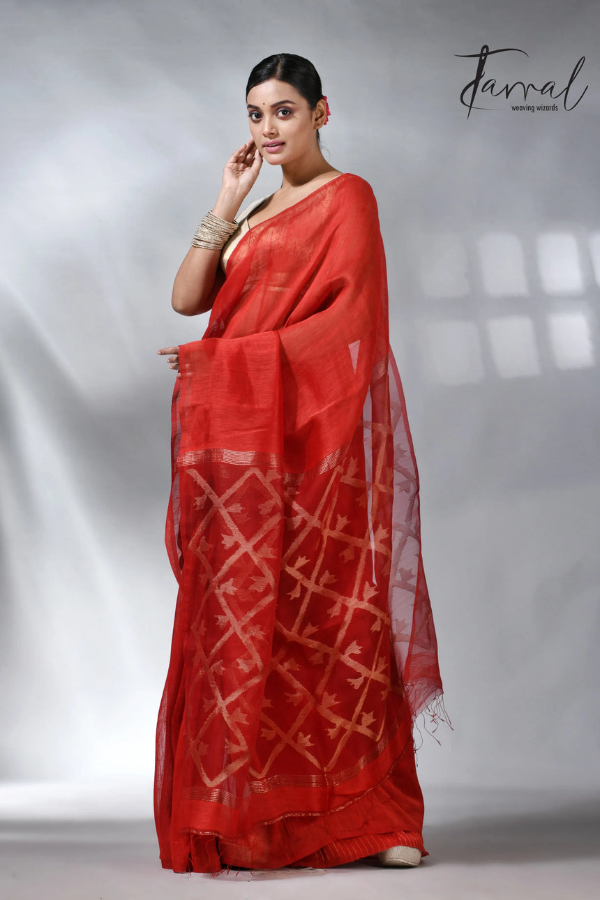 Red colour box pallu in silk linen handwoven jamdani sarees