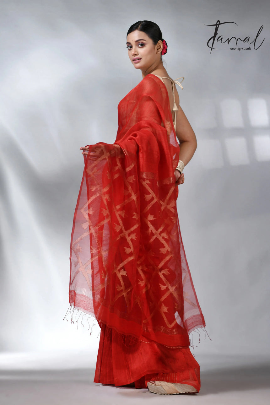 Red colour box pallu in silk linen handwoven jamdani sarees