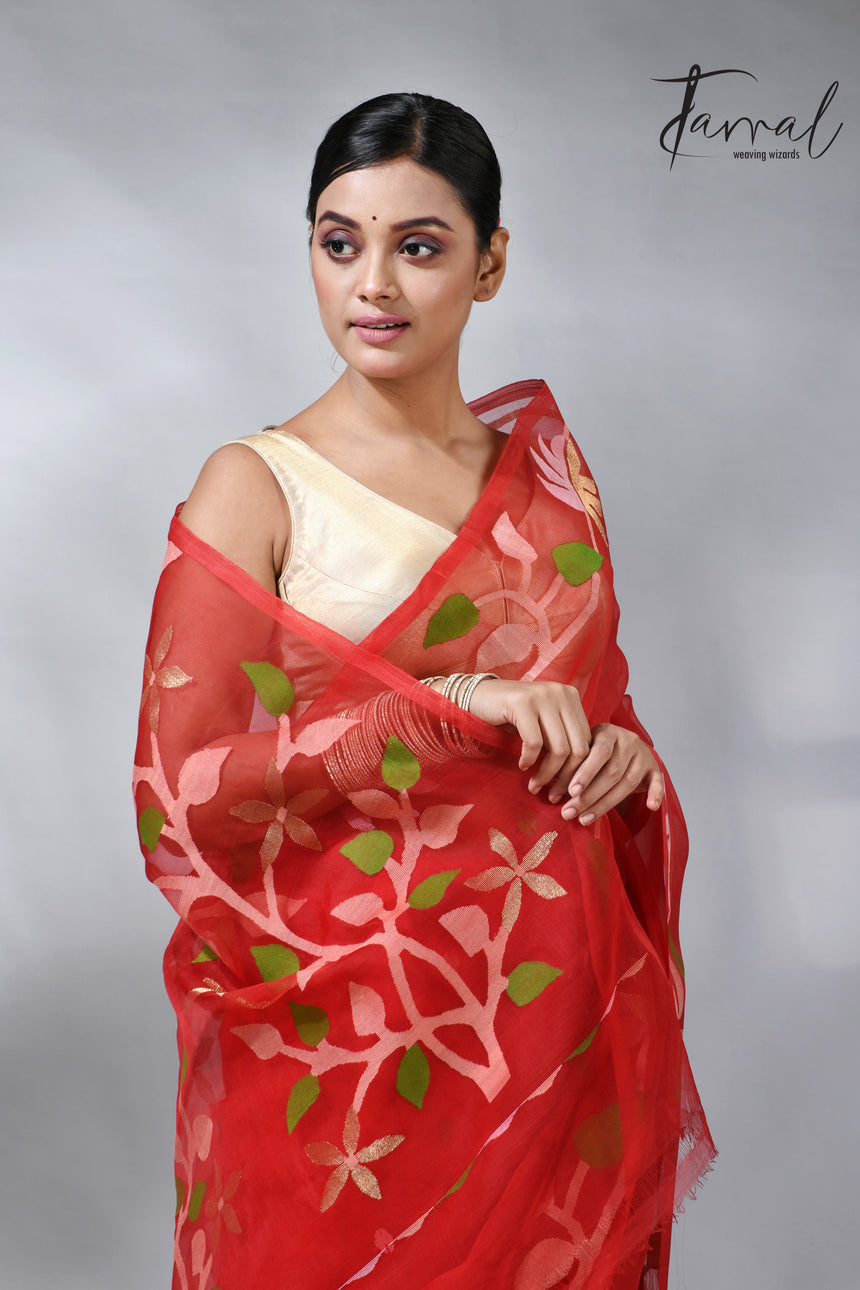 Red colour floral border muslin silk handwovn jamdani saree